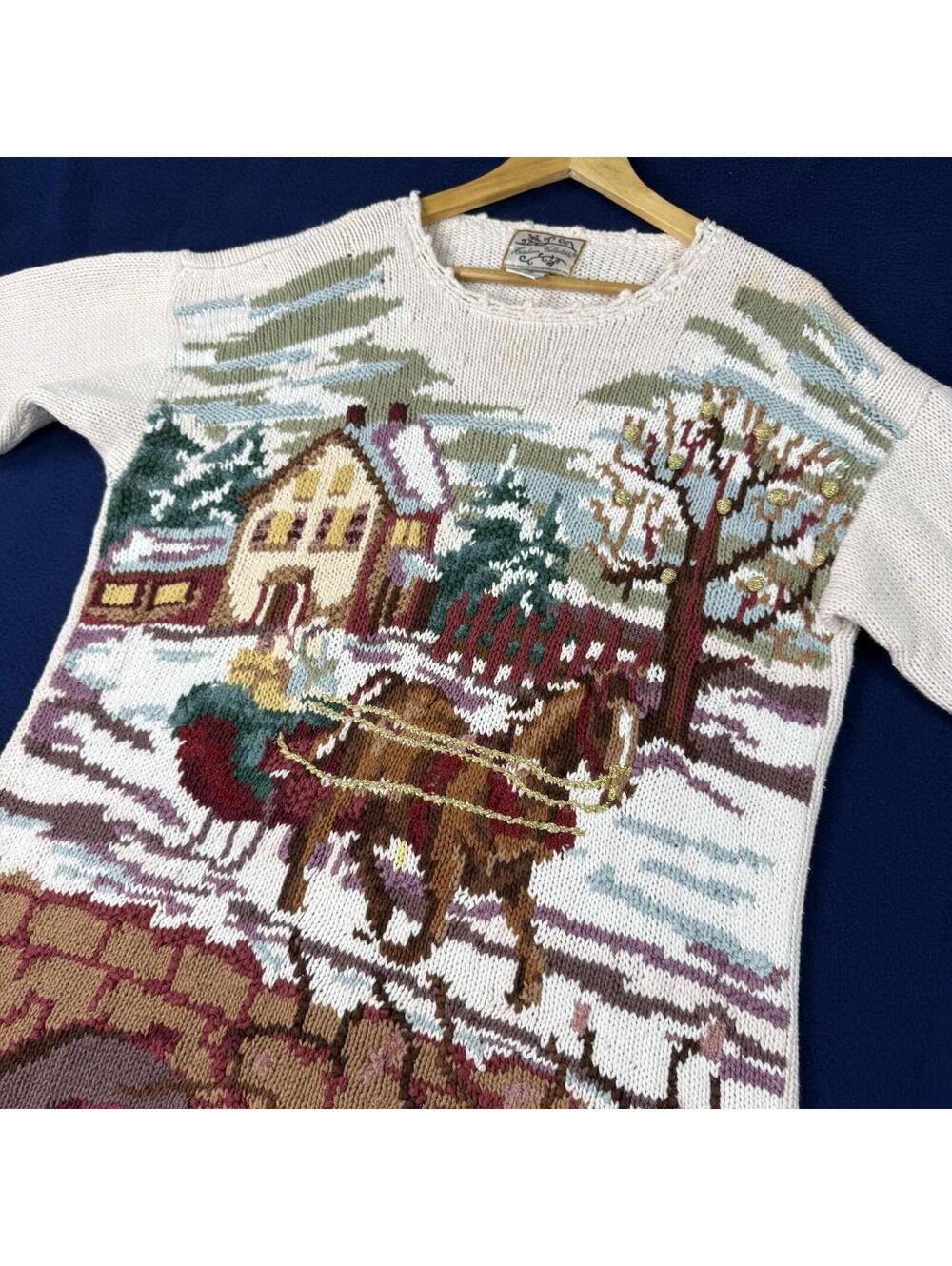 Vintage Heirloom Collectibles Horse Scene Village Knit Sweater Cottagecore Sz M - Picture 10 of 12